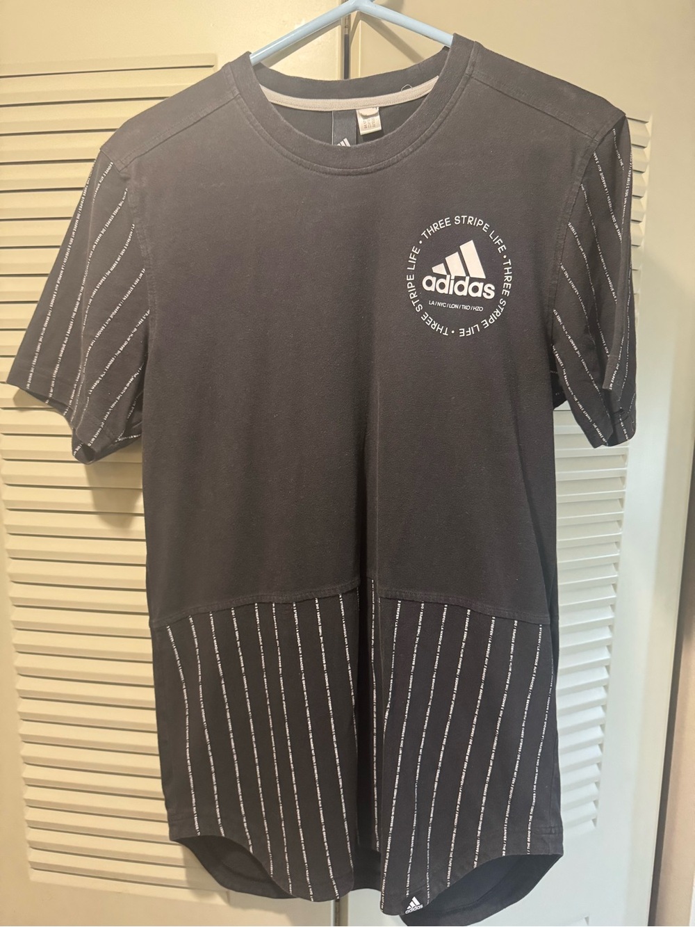 adidas Men's Black Short Sleeve Graphic Logo Tee with Pinstripe Panels